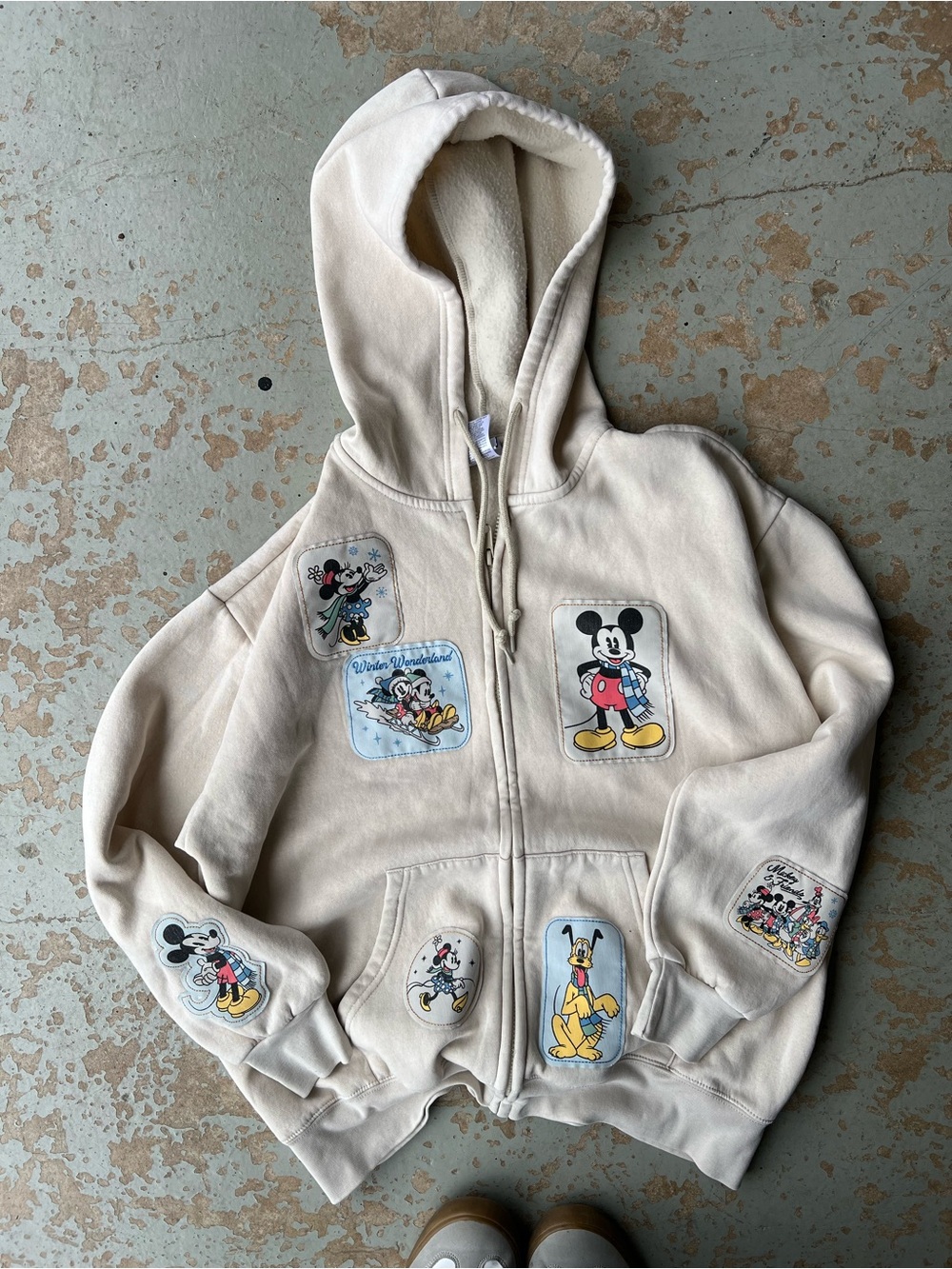 XL Tan Disney Patchwork Cream Zip-Up Hoodie